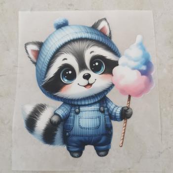Bügelbild Waschbär mit Zuckerwatte