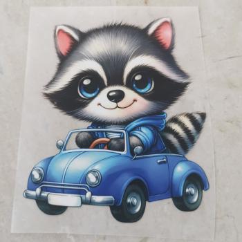 Bügelbild Waschbär im Auto