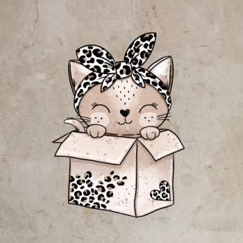 Bügelbild Kitty in Box braun