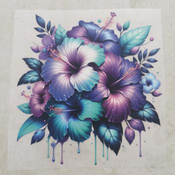 Bügelbild Hibiskus lila-türkis