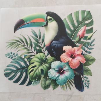 Bügelbild floraler Tukan rosa-türkis