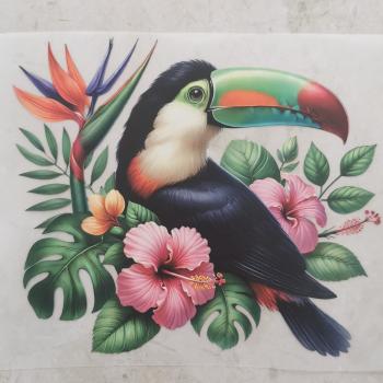 Bügelbild floraler Tukan Drachenblüte lila