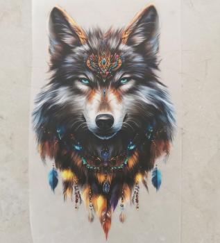 Bügelbild Wolfblick Federn