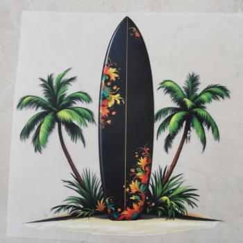 Bügelbild Surfbrett Palmen