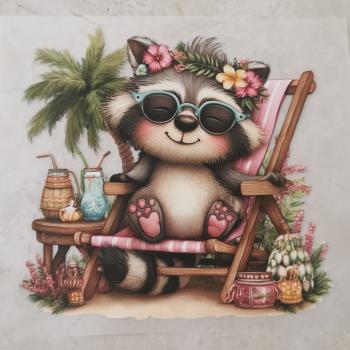 Bügelbild Waschbär Strandliege blaue Brille