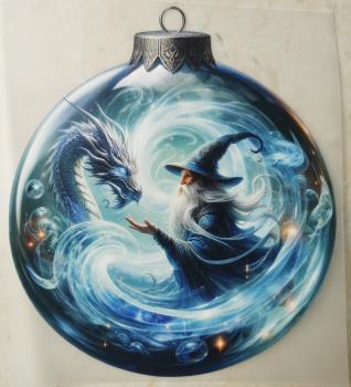 Bügelbild magische Kugel Magier und Drachenkopf