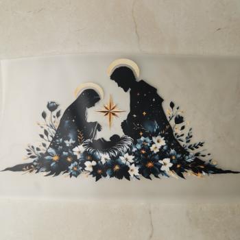 Bügelbild Krippenszene floral blau-weiß