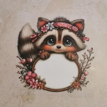 Bügelbild Waschbär mit Haarband hält Schild