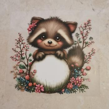 Bügelbild Waschbär hält Schild