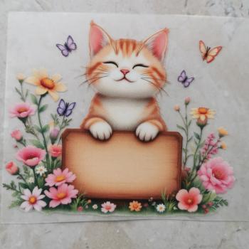 Bügelbild Katze mit Schild