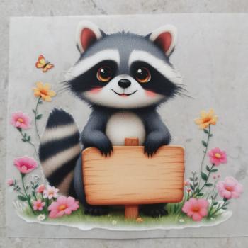 Bügelbild Waschbär mit Schild