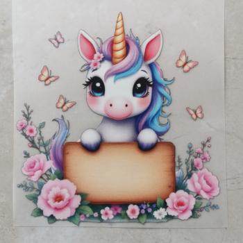 Bügelbild Einhorn mit Schild