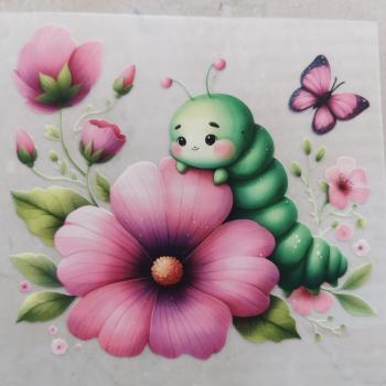 Bügelbild süße Raupe rosa Blumen