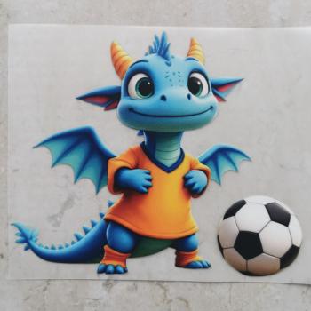 Bügelbild blau-orangener Drache Fußball