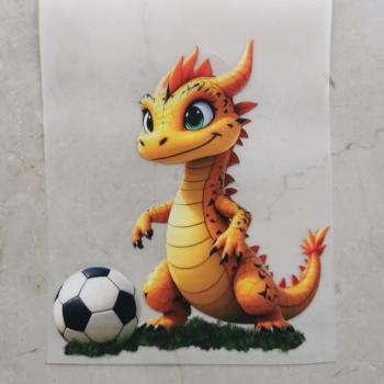 Bügelbild orangefarbener Drache Fußball