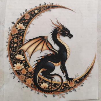 Bügelbild Drache floraler Mond gold