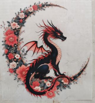 Bügelbild Drache floraler Mond rot