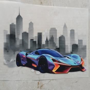 Bügelbild Skyline Auto blau-orange