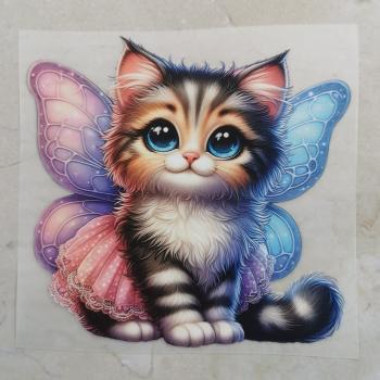 Bügelbild Feenkatze pink-blaue Flügel