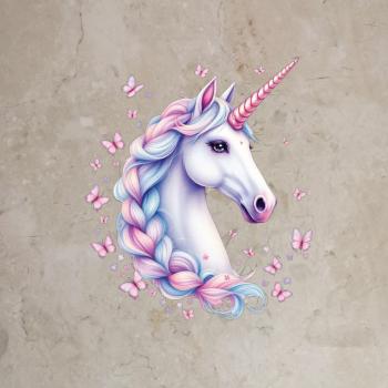 Bügelbild Einhornkopf Schmetterlinge