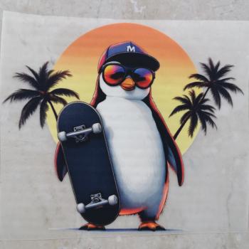 Bügelbild Sunset-Pinguin schwarzes Skateboard