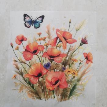 Bügelbild Mohnblumen wild blauer Schmetterling