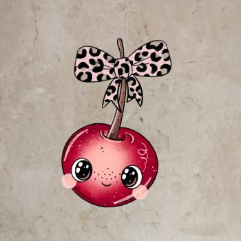 Bügelbild süße Leo-Kirsche rosa Schleife