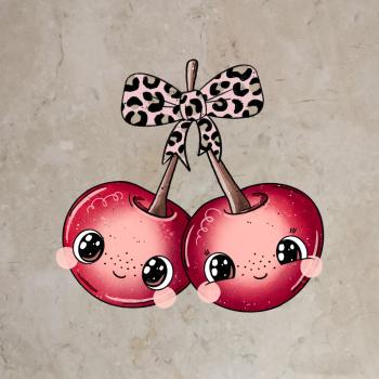 Bügelbild süßes Leo-Kirschenduo rosa Schleife
