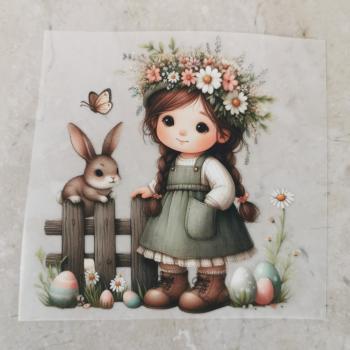 Bügelbild Mädchen mit Hase Zaun