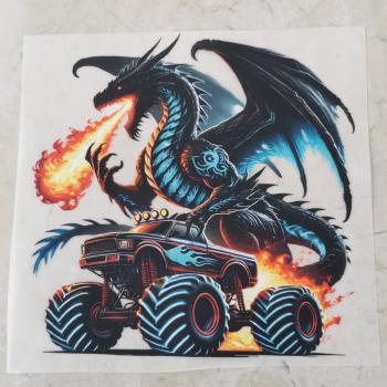 Bügelbild Drache auf roten Monstertruck