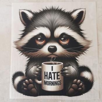 Bügelbild mürrischer Waschbär mit Kaffee