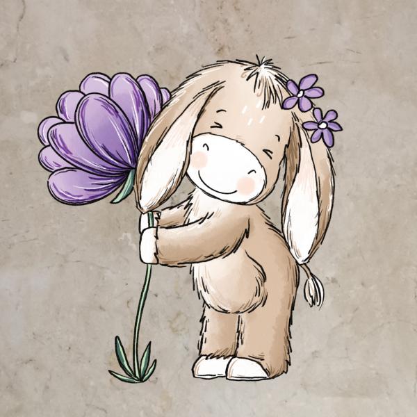 Bügelbild Eselliebe lila Blume