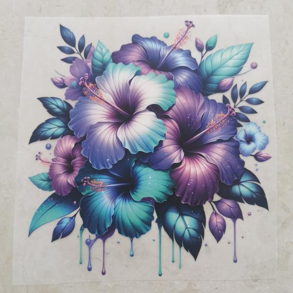 Bügelbild Hibiskus lila-türkis