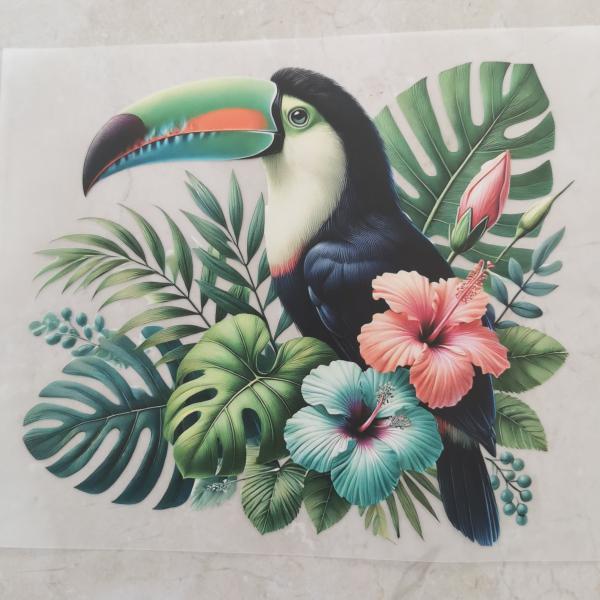 Bügelbild floraler Tukan rosa-türkis