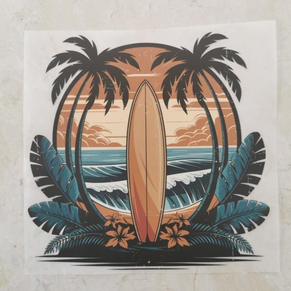 Bügelbild Surfbrett Palmen
