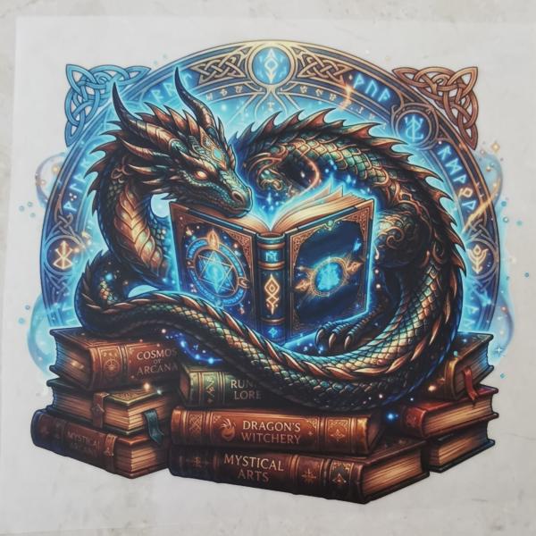 Bügelbild Bücherdrache blau