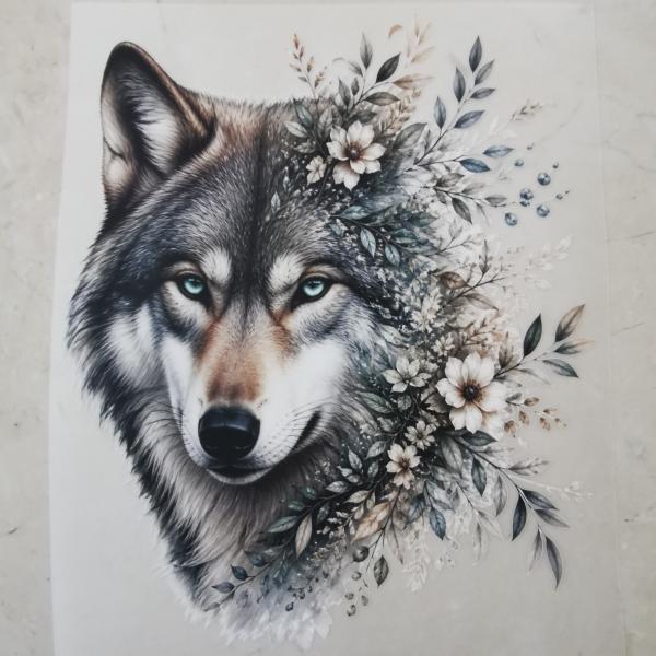 Bügelbild Wolfkopf floral