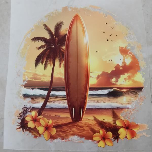 Bügelbild Sunset-Surfbrett