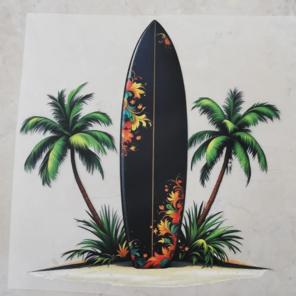Bügelbild Surfbrett Palmen