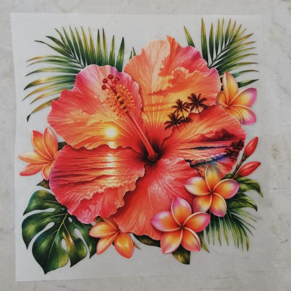 Bügelbild Sunset-Hibiskus Palmen