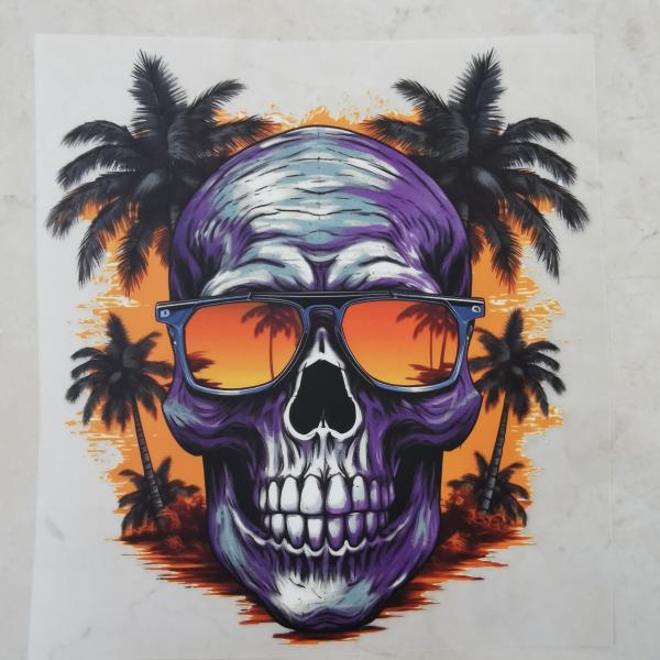 Bügelbild Sunset Skull orangefarbene Brille