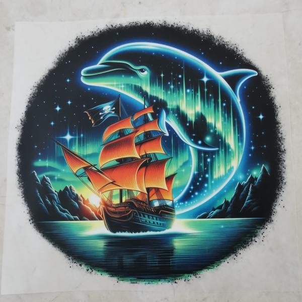 Bügelbild Lichter-Delfin über Schiff rund