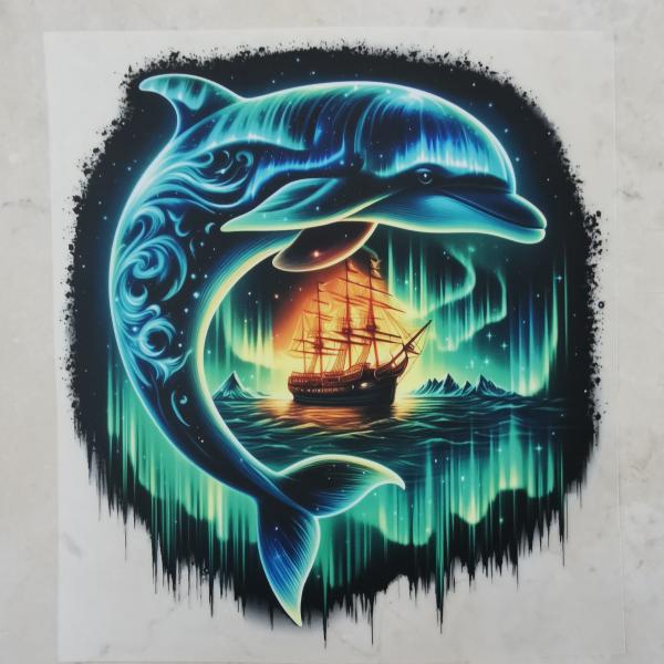 Bügelbild Lichter-Delfin über Schiff geschwungen
