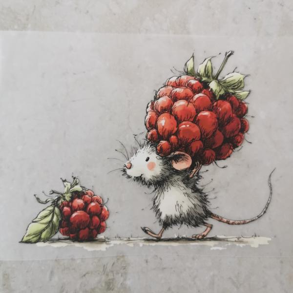 Bügelbild Maus mit Himbeeren