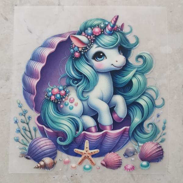 Bügelbild Einhorn in Muschel mit Seestern
