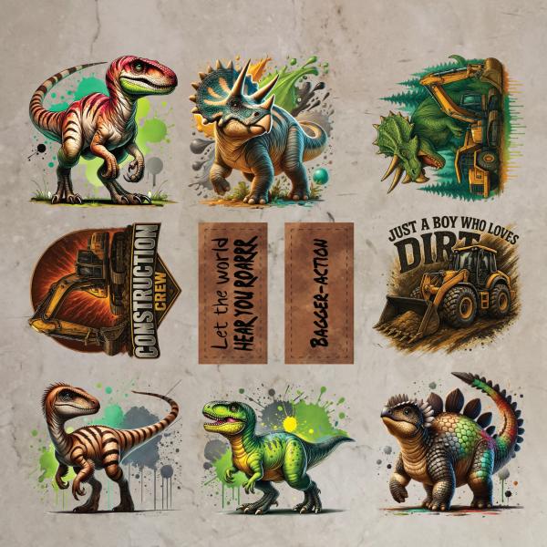 Bügelbild-Bundle Dinos und Baggeraction
