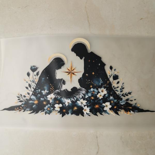 Bügelbild Krippenszene floral blau-weiß