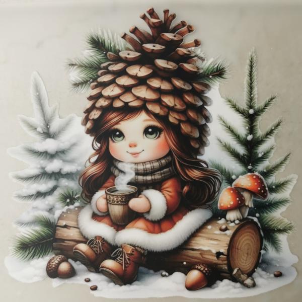 Bügelbild Tannzapfenmädchen auf Baumstamm