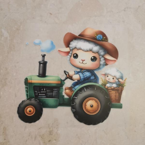 Bügelbild Schaf Traktorfahrer