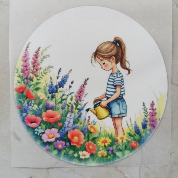 Bügelbild Mädchen beim Blumengießen